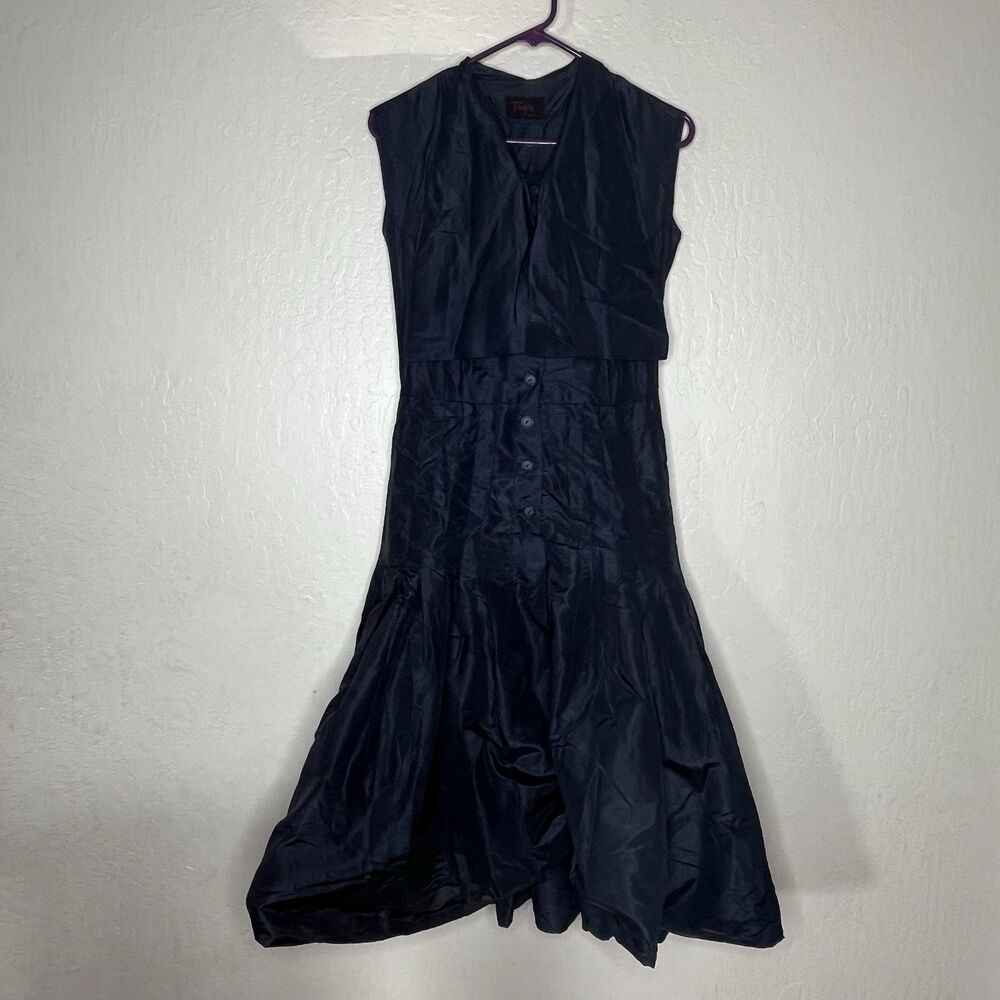 Pauline Trigere Black Drop Waist Button Front Bow Dress Womenâs S PLS READ
